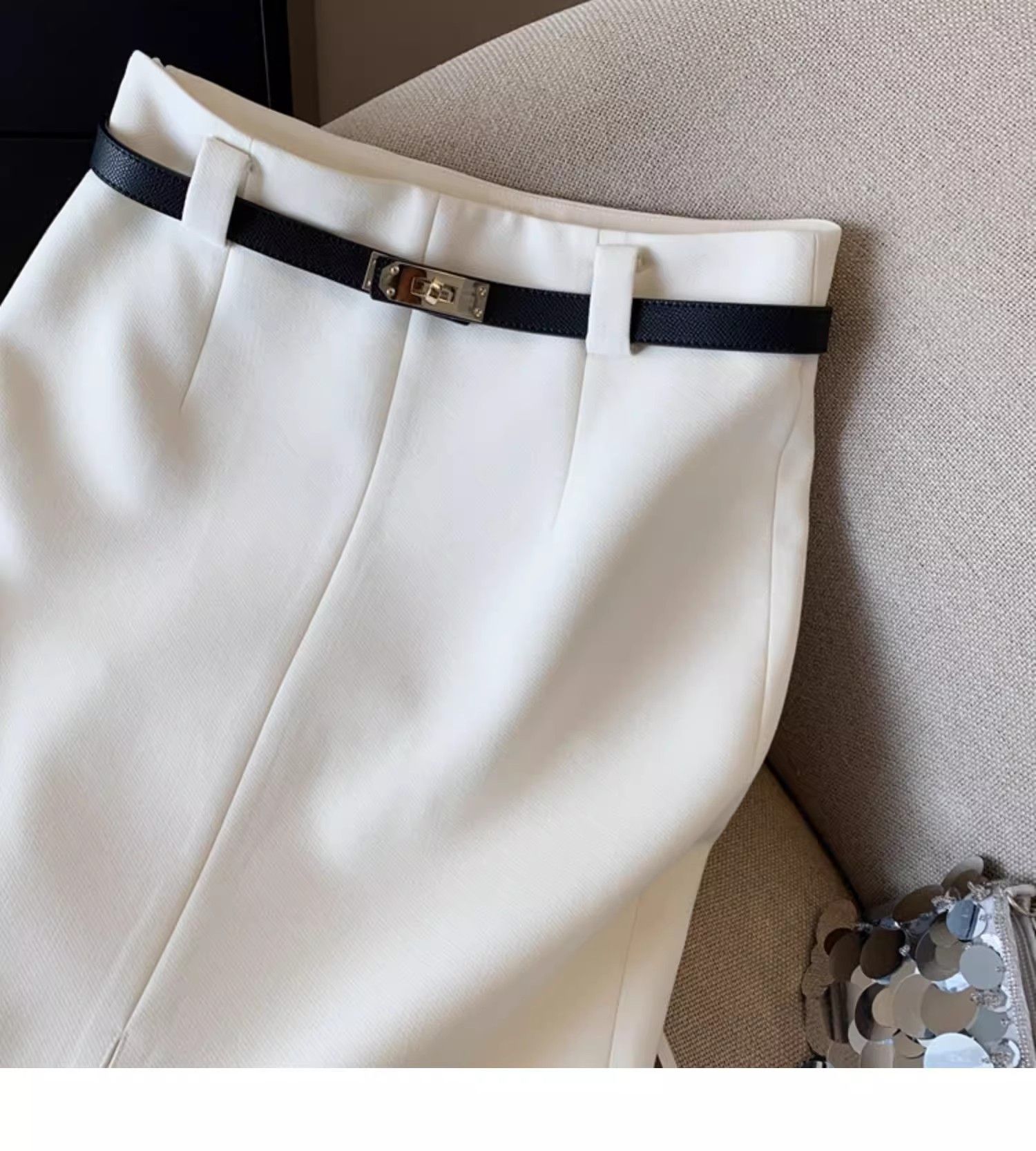 タイトスカート 金具ベルト付きラップ風前スリットタイトスカート