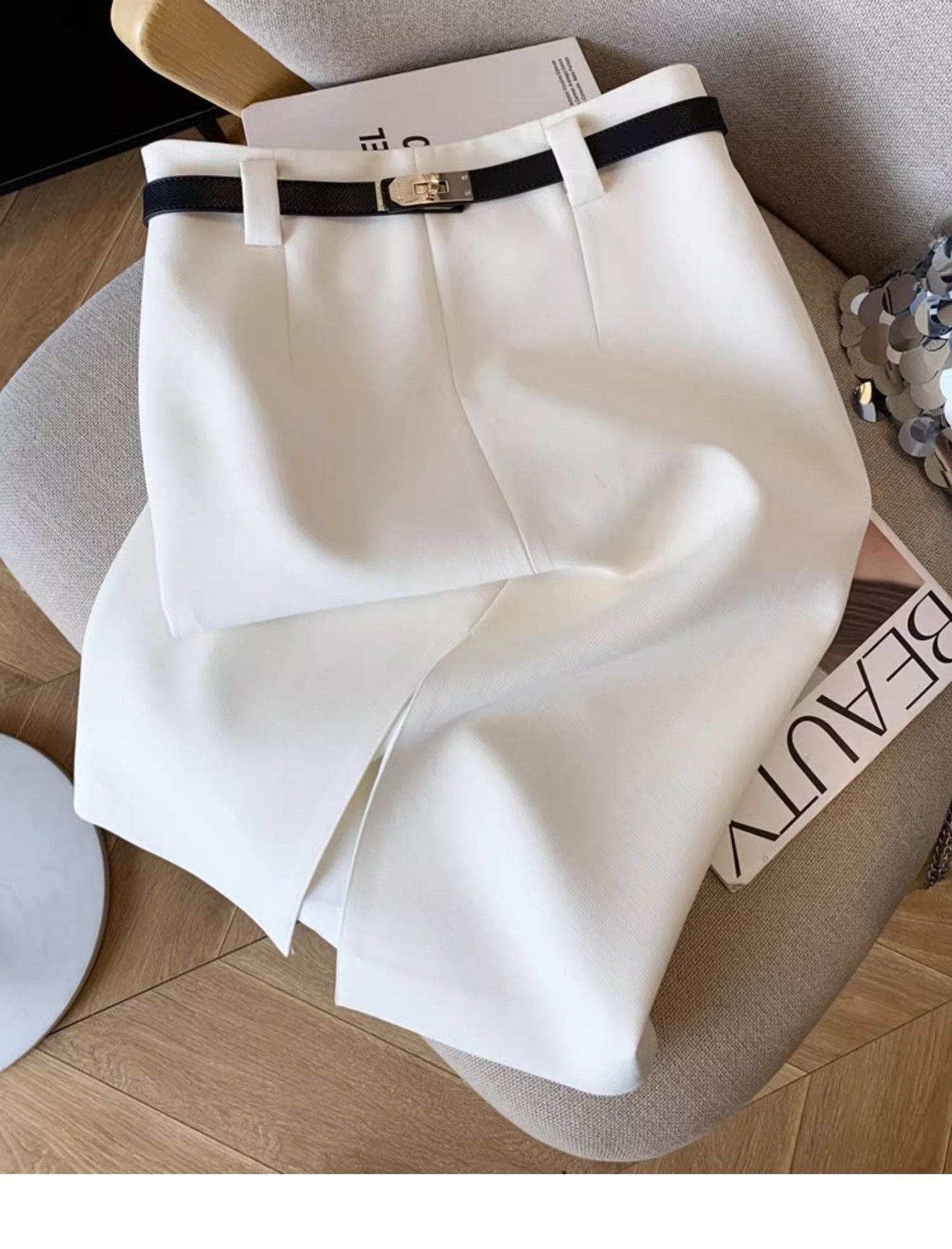 タイトスカート 金具ベルト付きラップ風前スリットタイトスカート