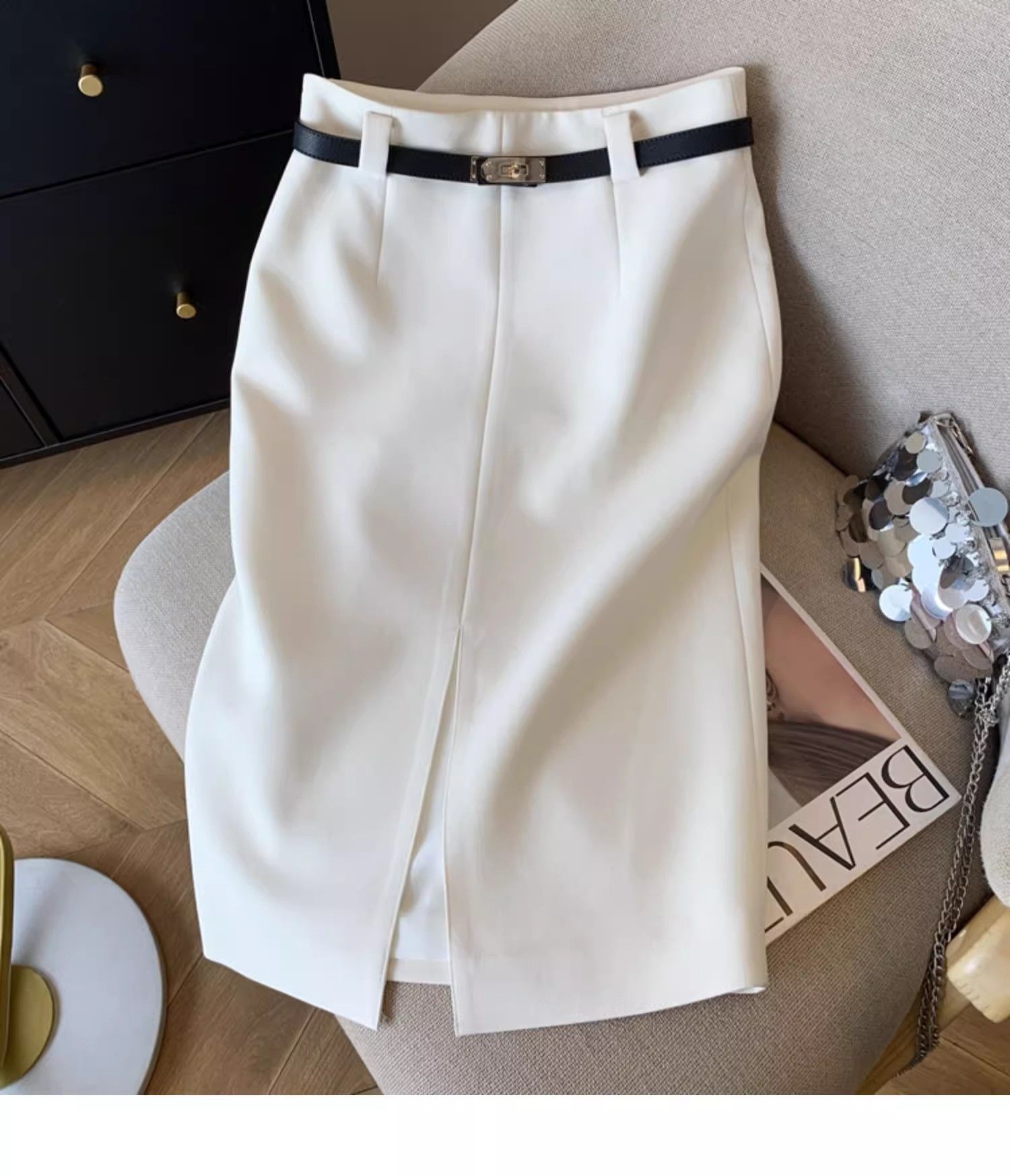 タイトスカート 金具ベルト付きラップ風前スリットタイトスカート