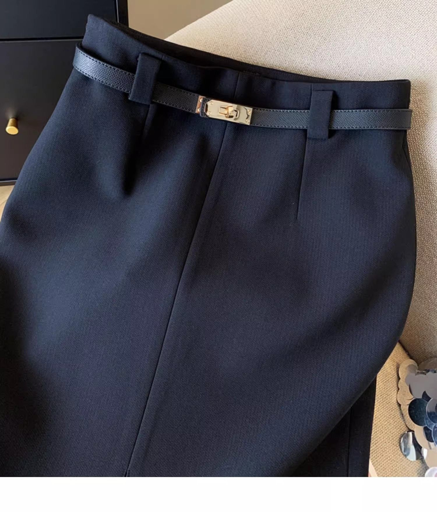 タイトスカート 金具ベルト付きラップ風前スリットタイトスカート