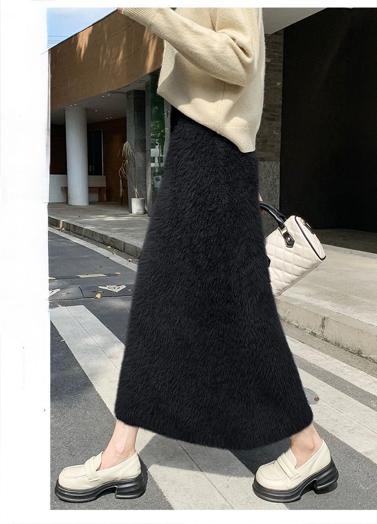 タイトスカート ふわふわモヘア風ウール素材ロング丈タイトスカート