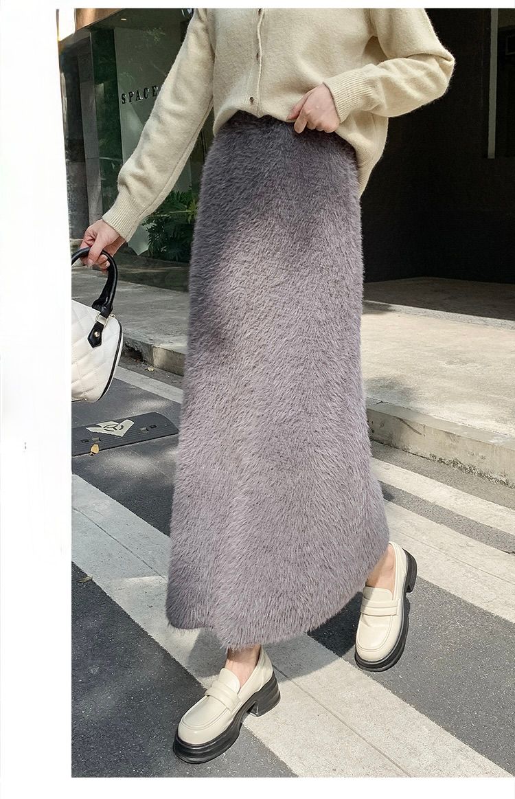 タイトスカート ふわふわモヘア風ウール素材ロング丈タイトスカート