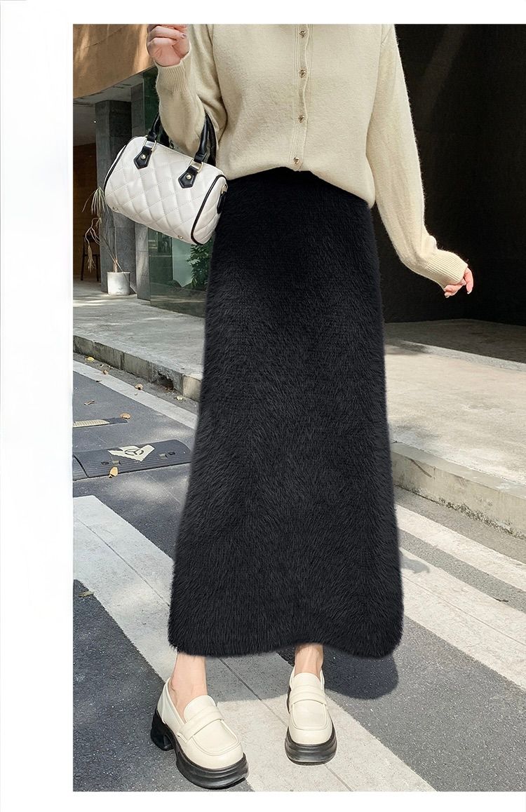 タイトスカート ふわふわモヘア風ウール素材ロング丈タイトスカート
