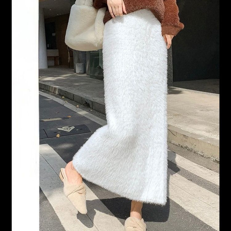 タイトスカート ふわふわモヘア風ウール素材ロング丈タイトスカート