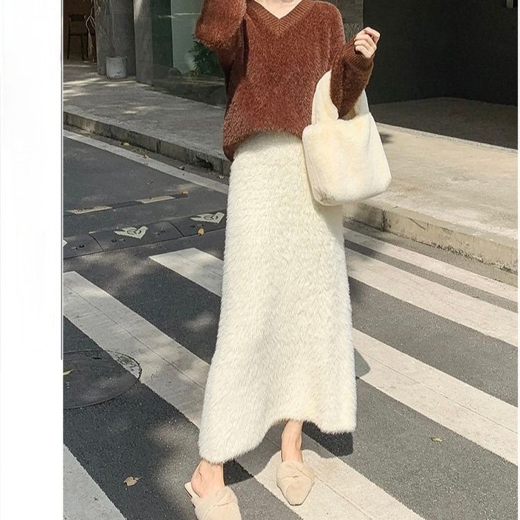 タイトスカート ふわふわモヘア風ウール素材ロング丈タイトスカート