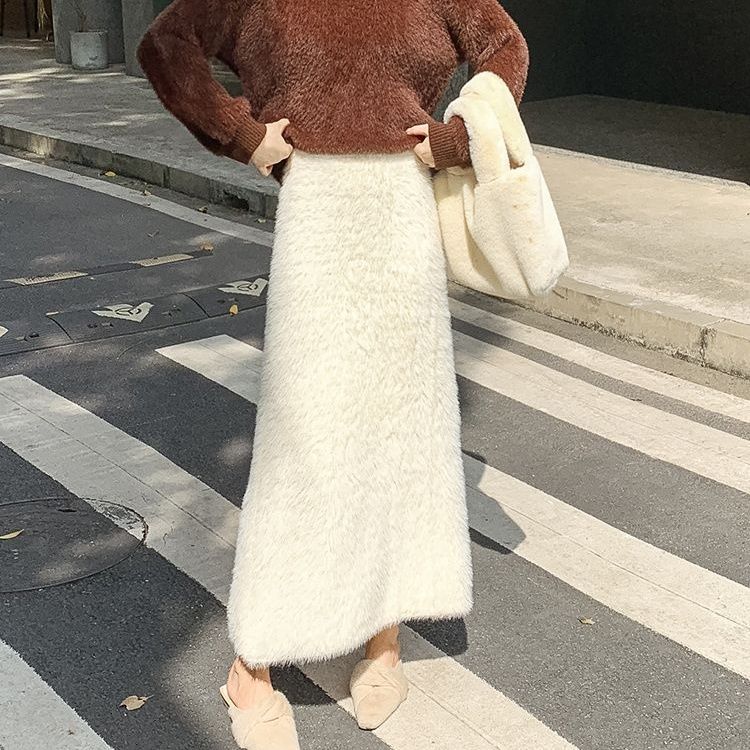 タイトスカート ふわふわモヘア風ウール素材ロング丈タイトスカート