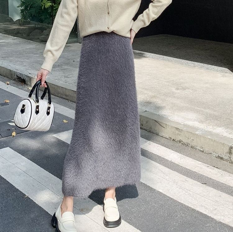 タイトスカート ふわふわモヘア風ウール素材ロング丈タイトスカート