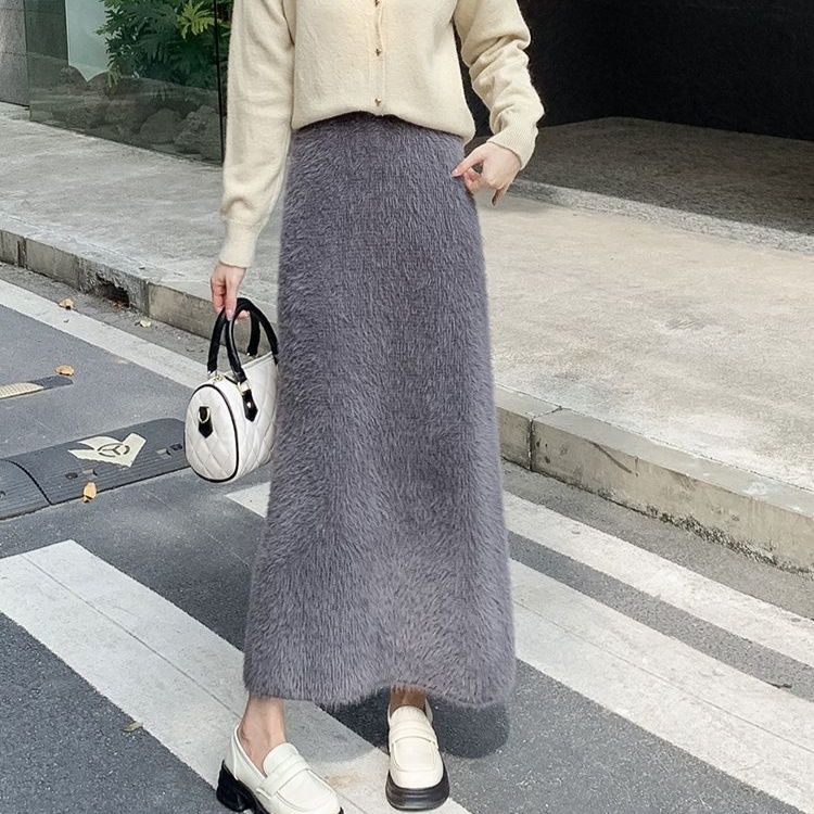 タイトスカート ふわふわモヘア風ウール素材ロング丈タイトスカート