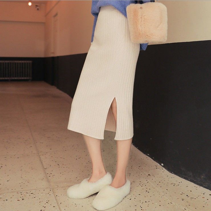 タイトスカート リブ編みニット素材の体型カバータイトロングスカート