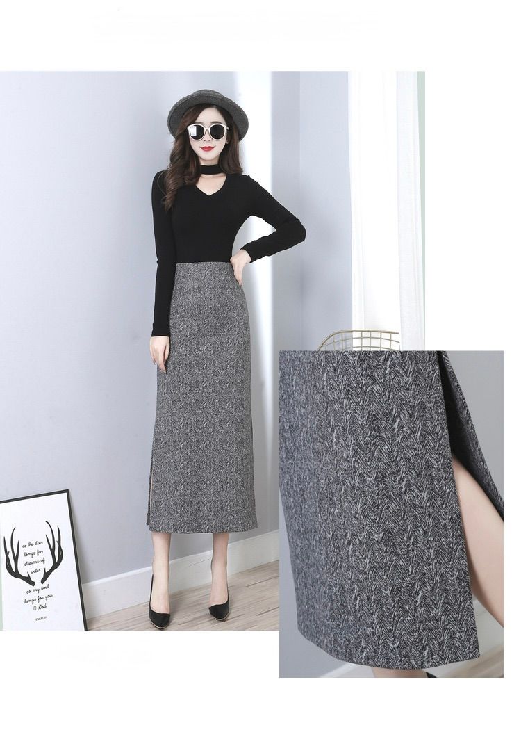 タイトスカート ヘリンボーン柄サイドスリット入りニットスカート