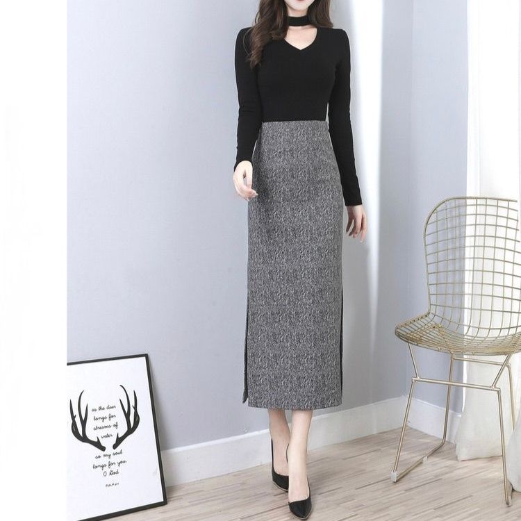 タイトスカート ヘリンボーン柄サイドスリット入りニットスカート