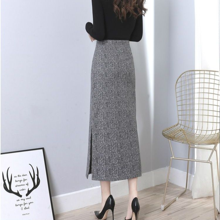 タイトスカート ヘリンボーン柄サイドスリット入りニットスカート
