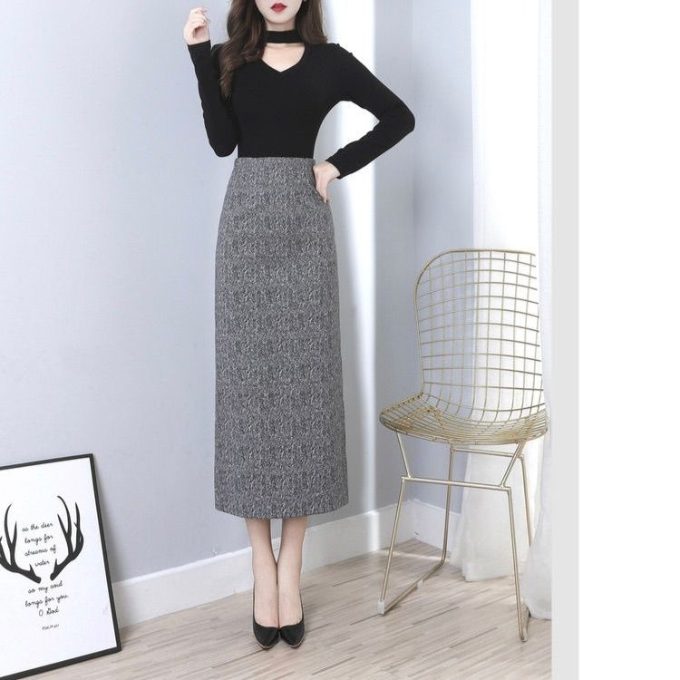 タイトスカート ヘリンボーン柄サイドスリット入りニットスカート