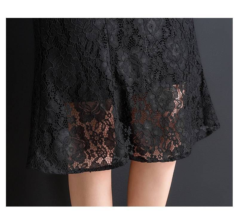 タイトスカート 総レース裾フレアマーメイドライン膝丈タイトスカート