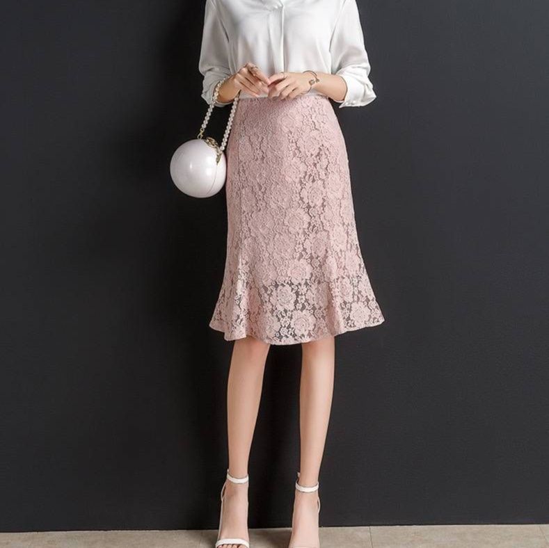 タイトスカート 総レース裾フレアマーメイドライン膝丈タイトスカート