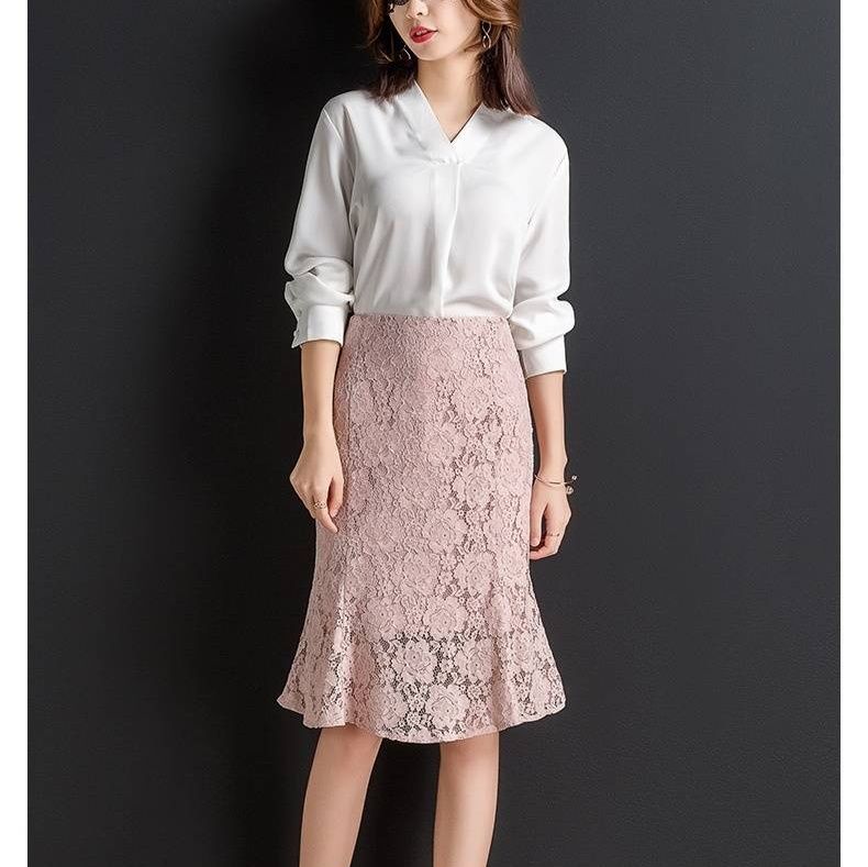 タイトスカート 総レース裾フレアマーメイドライン膝丈タイトスカート