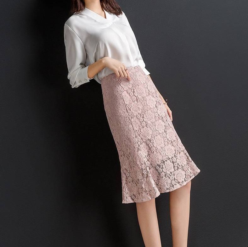 タイトスカート 総レース裾フレアマーメイドライン膝丈タイトスカート