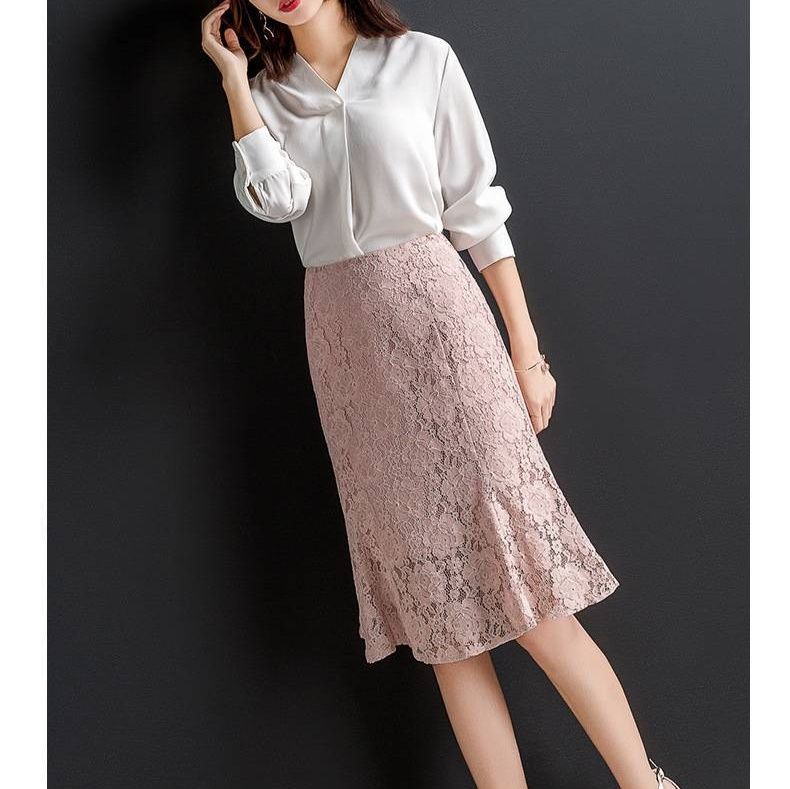 タイトスカート 総レース裾フレアマーメイドライン膝丈タイトスカート