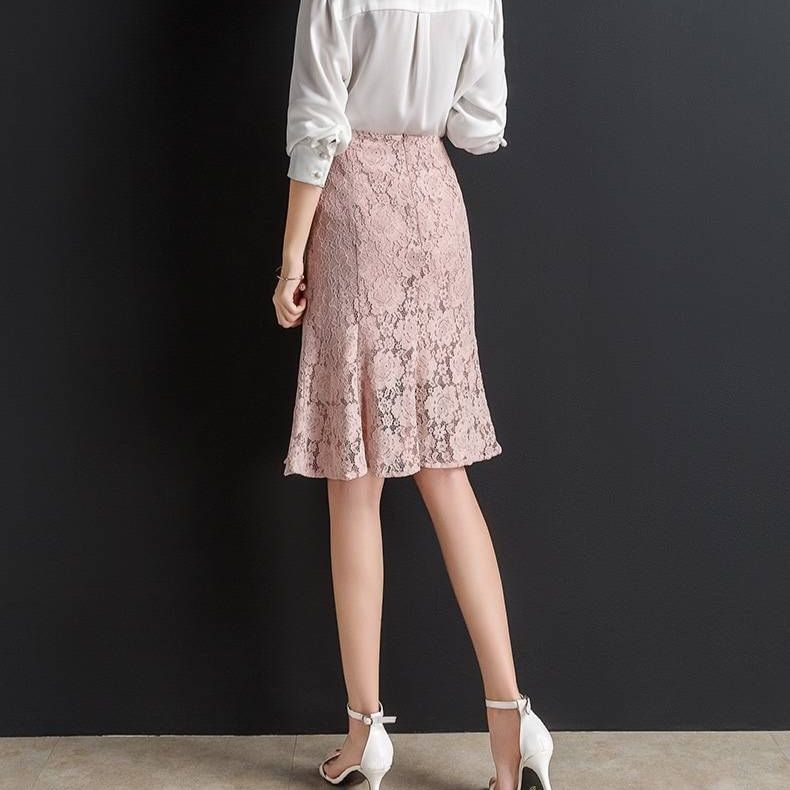 タイトスカート 総レース裾フレアマーメイドライン膝丈タイトスカート