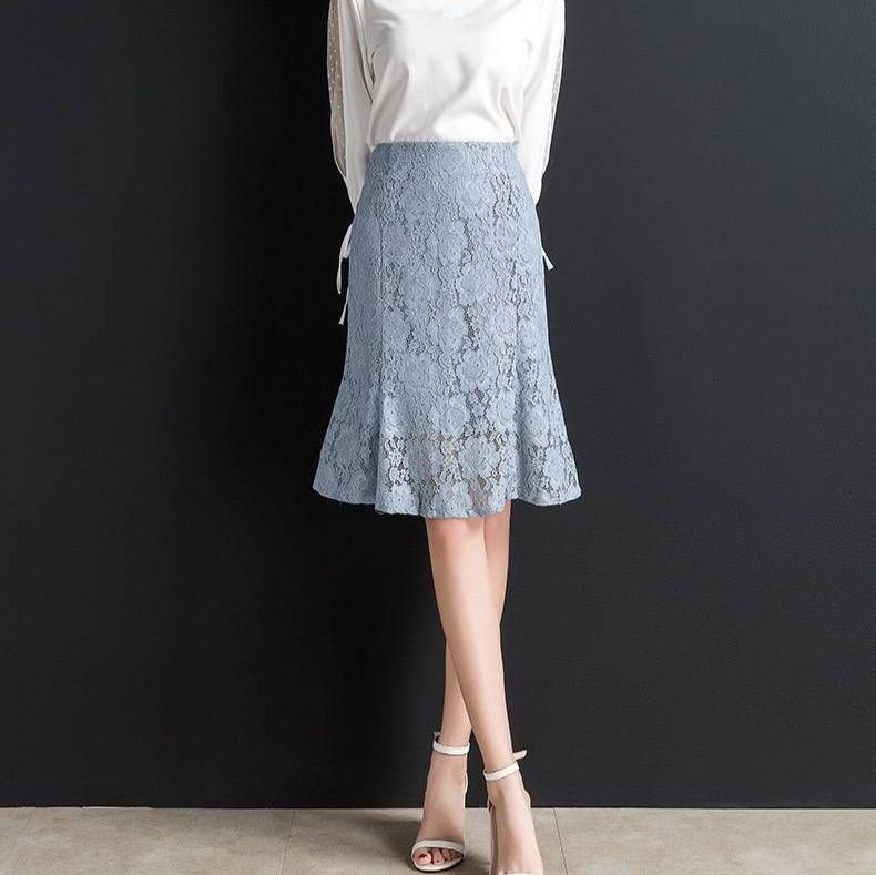 タイトスカート 総レース裾フレアマーメイドライン膝丈タイトスカート