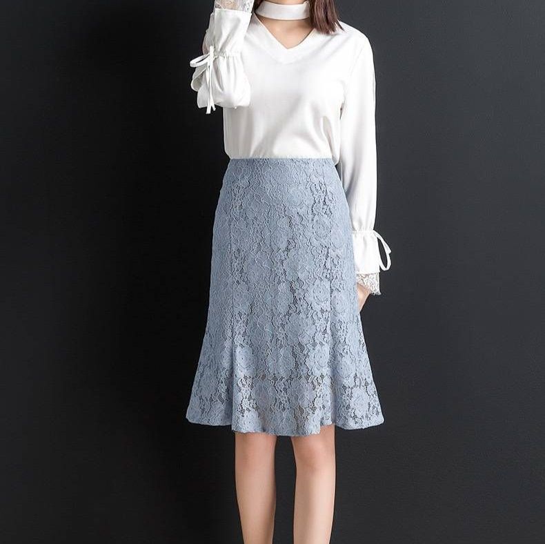 タイトスカート 総レース裾フレアマーメイドライン膝丈タイトスカート