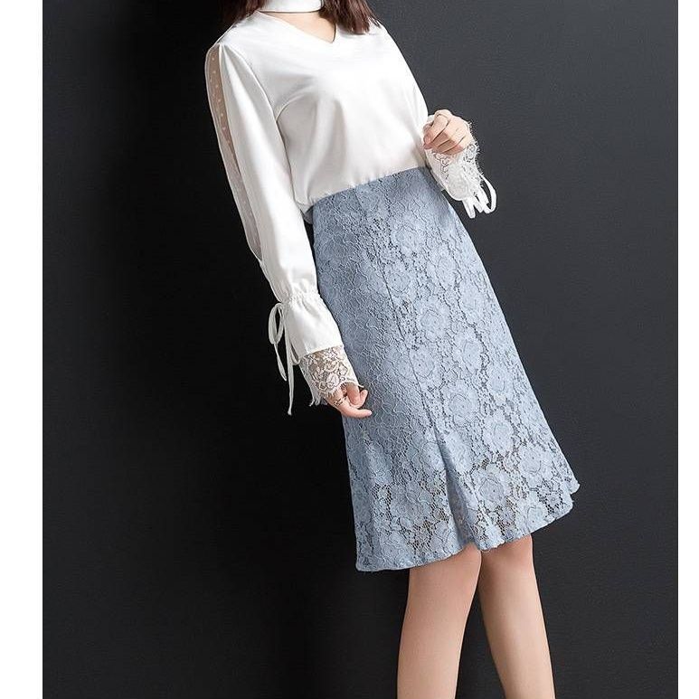 タイトスカート 総レース裾フレアマーメイドライン膝丈タイトスカート
