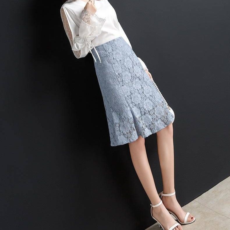 タイトスカート 総レース裾フレアマーメイドライン膝丈タイトスカート