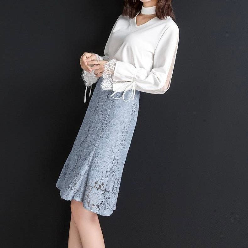 タイトスカート 総レース裾フレアマーメイドライン膝丈タイトスカート