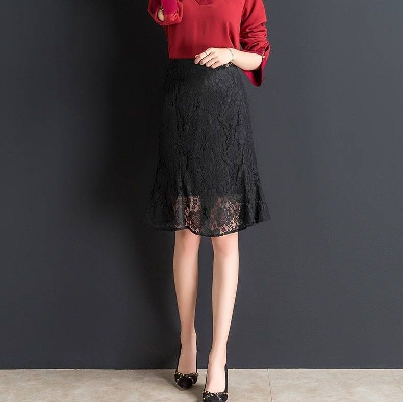 タイトスカート 総レース裾フレアマーメイドライン膝丈タイトスカート