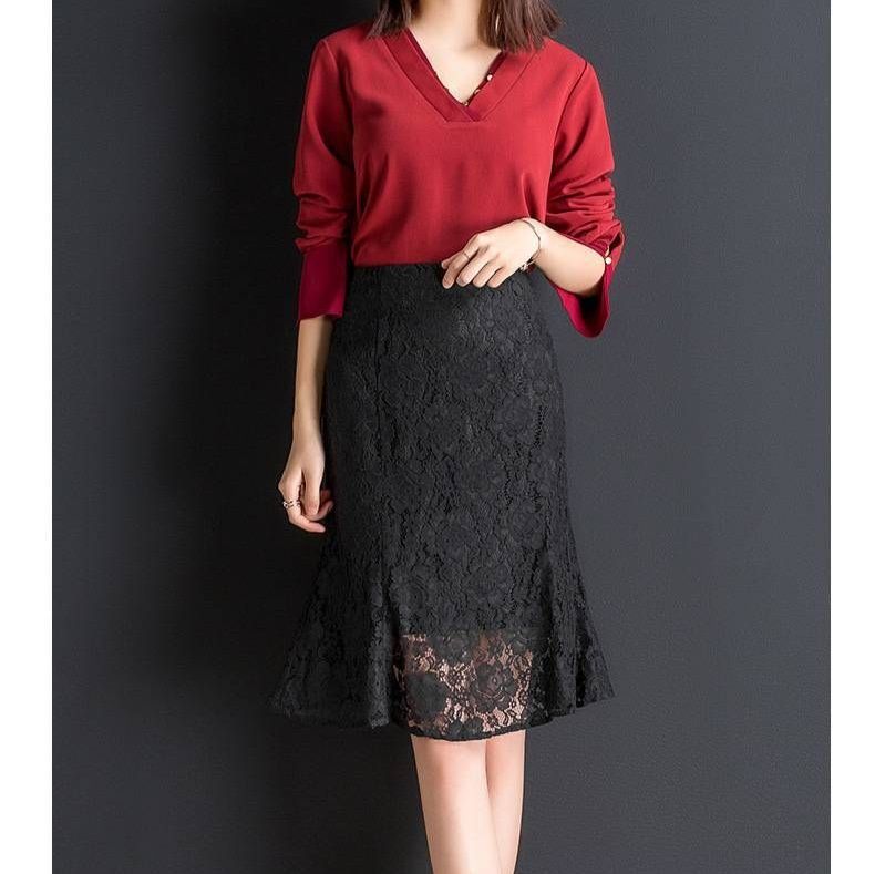 タイトスカート 総レース裾フレアマーメイドライン膝丈タイトスカート