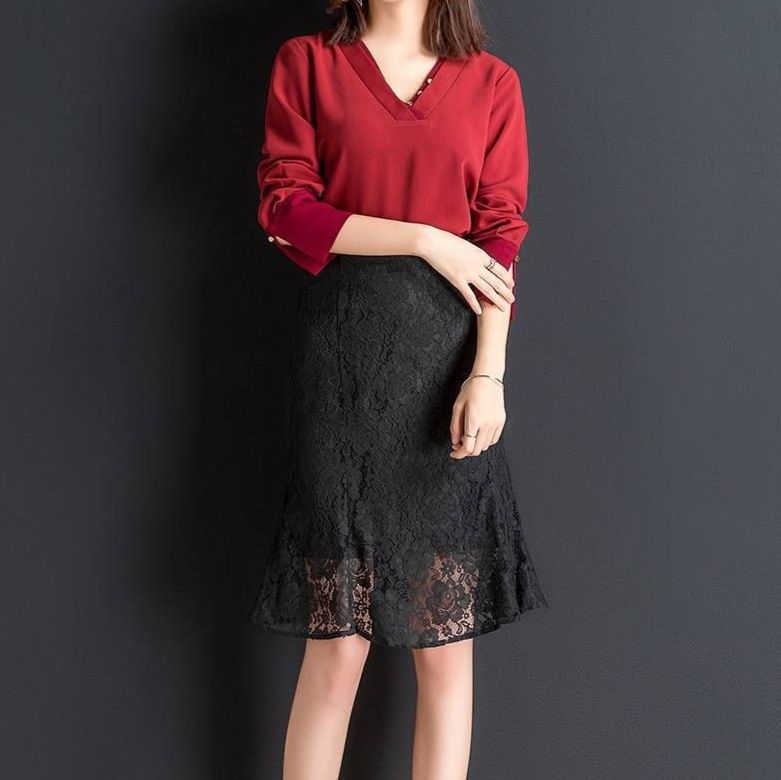 タイトスカート 総レース裾フレアマーメイドライン膝丈タイトスカート