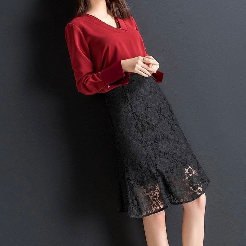 タイトスカート 総レース裾フレアマーメイドライン膝丈タイトスカート