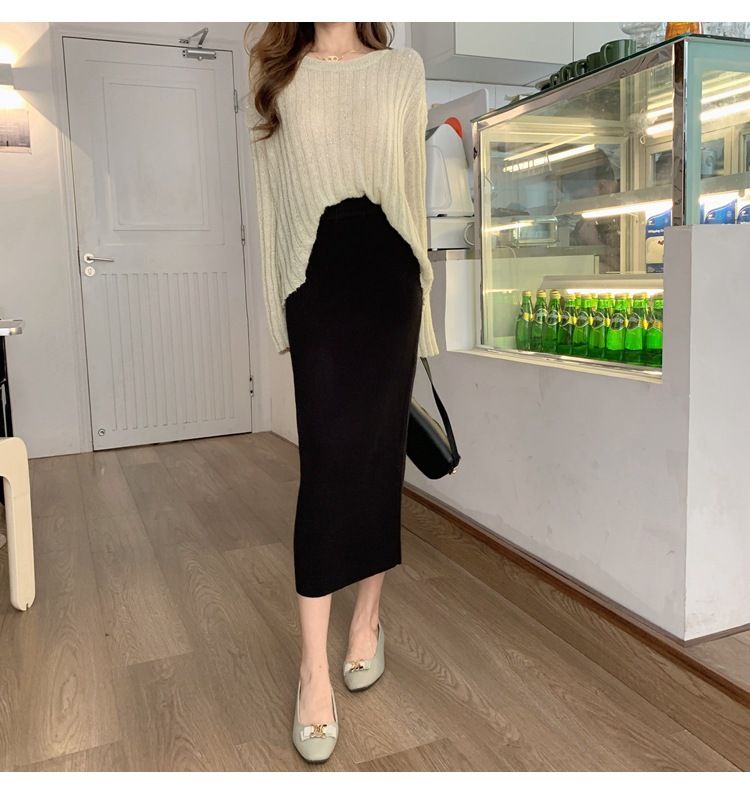 タイトスカート 編み地素材のハイウエストロングタイトスカート