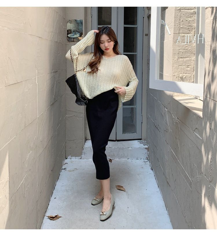 タイトスカート 編み地素材のハイウエストロングタイトスカート