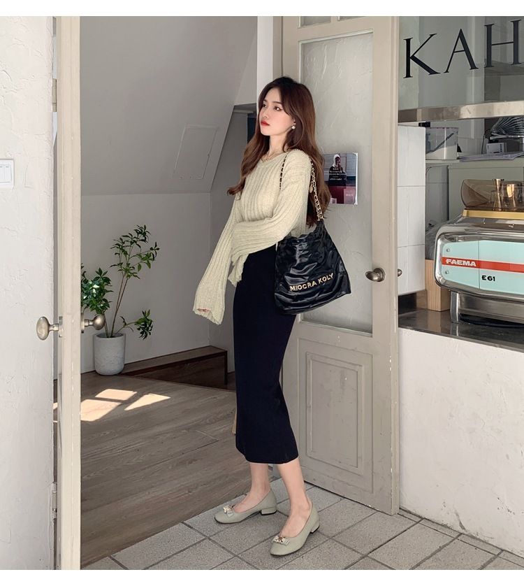 タイトスカート 編み地素材のハイウエストロングタイトスカート