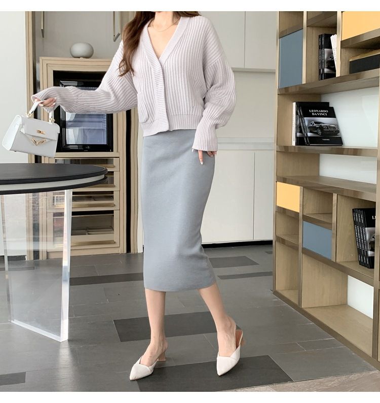 タイトスカート 編み地素材のハイウエストロングタイトスカート