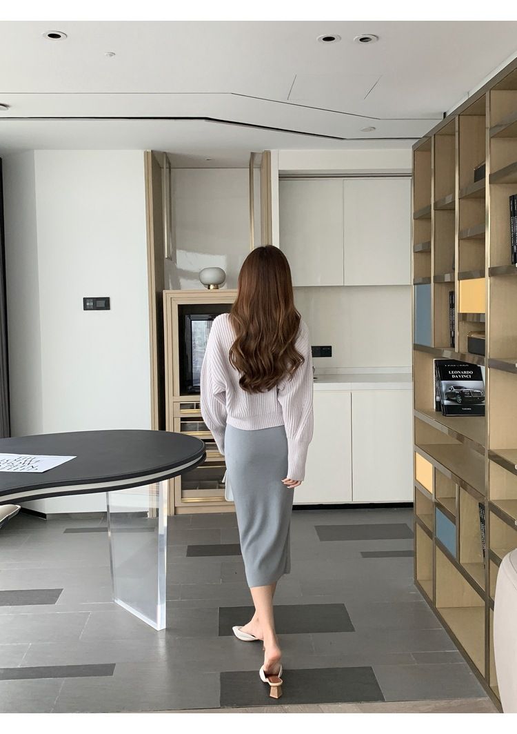 タイトスカート 編み地素材のハイウエストロングタイトスカート