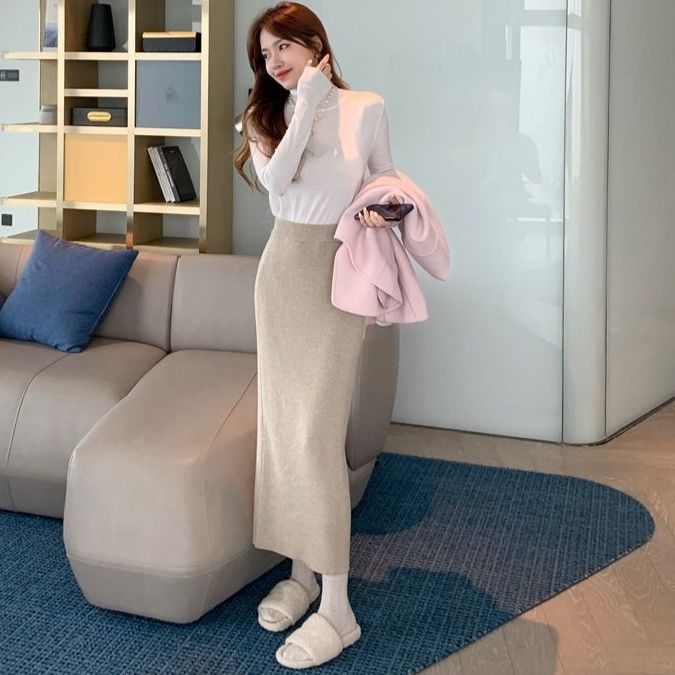 タイトスカート 編み地素材のハイウエストロングタイトスカート