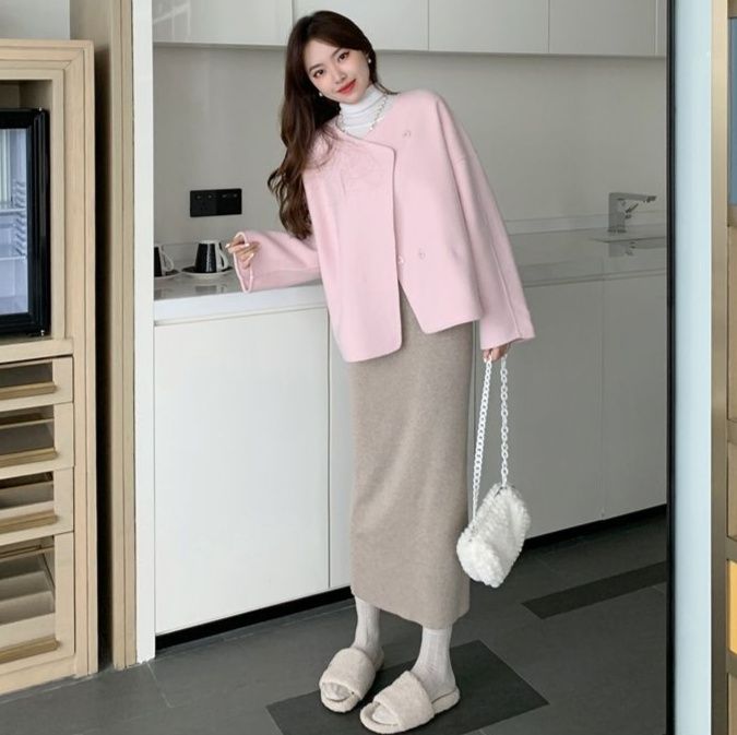 タイトスカート 編み地素材のハイウエストロングタイトスカート