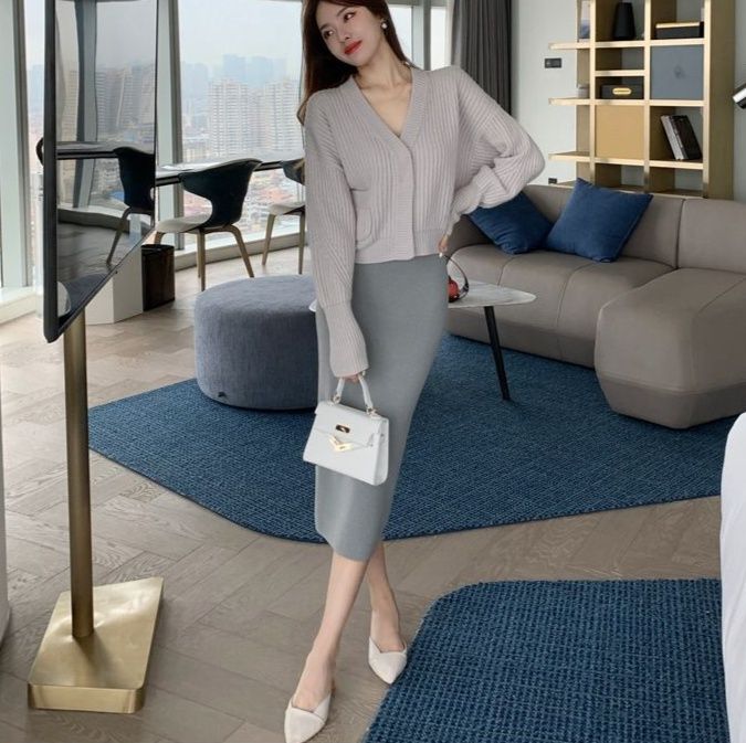 タイトスカート 編み地素材のハイウエストロングタイトスカート