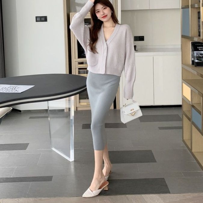 タイトスカート 編み地素材のハイウエストロングタイトスカート