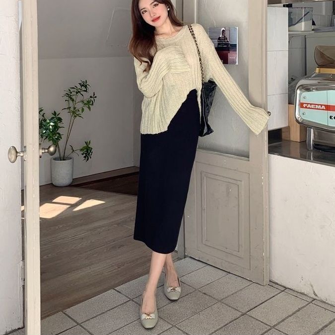 タイトスカート 編み地素材のハイウエストロングタイトスカート