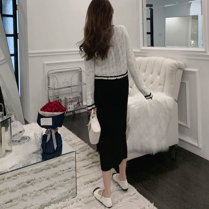 タイトスカート 編み地素材のハイウエストロングタイトスカート