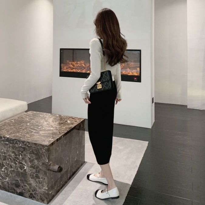 タイトスカート 編み地素材のハイウエストロングタイトスカート