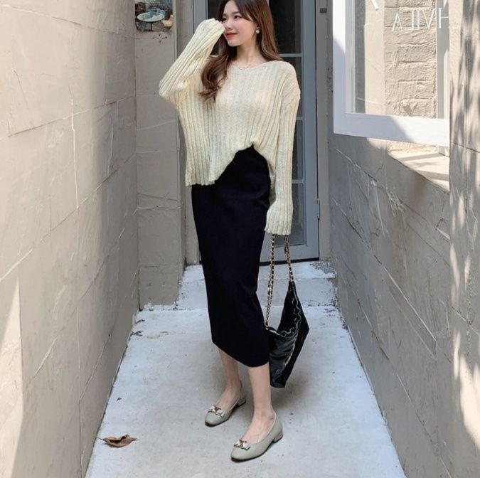 タイトスカート 編み地素材のハイウエストロングタイトスカート