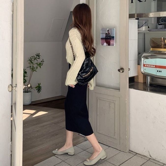 タイトスカート 編み地素材のハイウエストロングタイトスカート