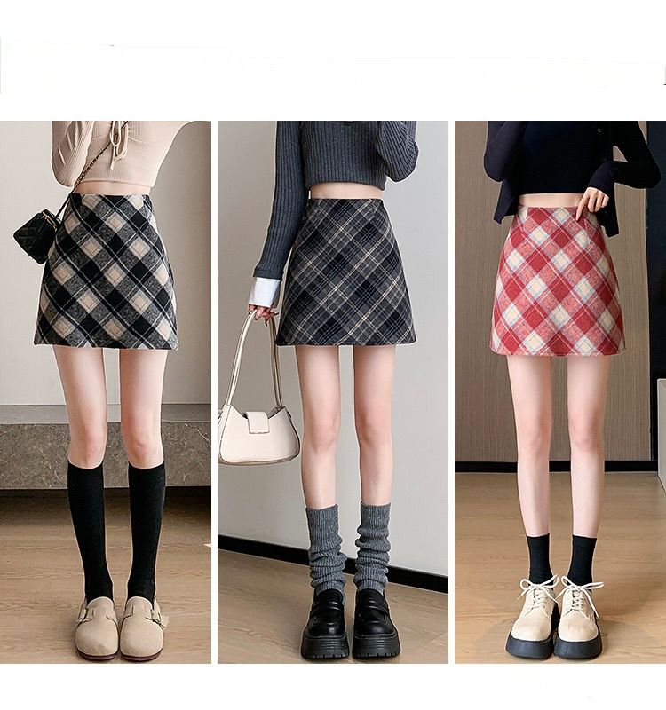 タイトスカート チェック柄ウール混紡タイトミニスカート