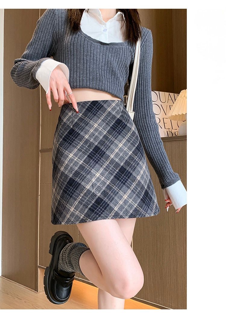 タイトスカート チェック柄ウール混紡タイトミニスカート