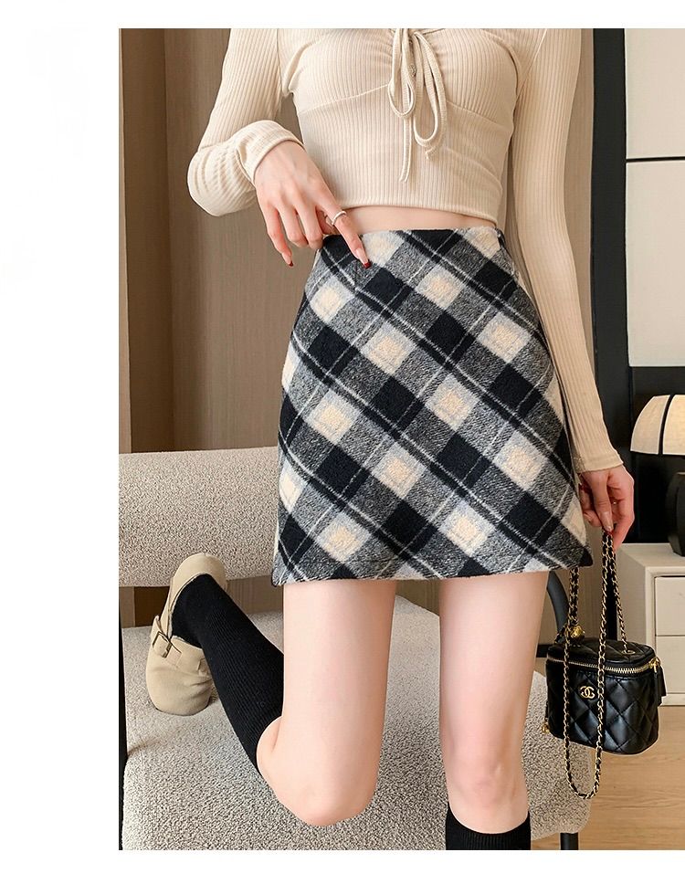 タイトスカート チェック柄ウール混紡タイトミニスカート