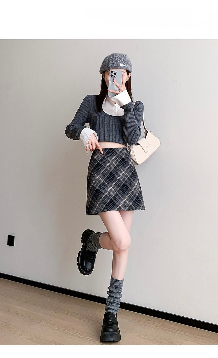 タイトスカート チェック柄ウール混紡タイトミニスカート
